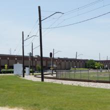 Curved track under wires.